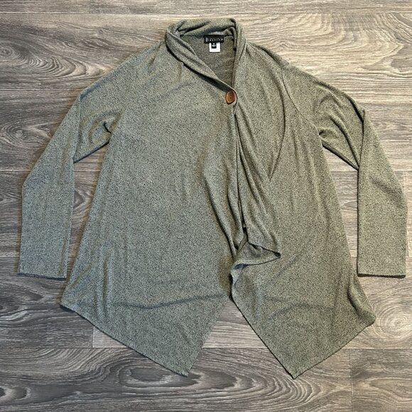 Bobeau Medium Open Front One Button Fleece Wrap Cardigan Green Uneven Hem Top - Picture 2 of 11